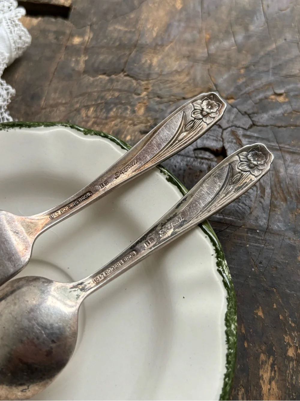 Vintage silver plated baby spoon and fork with embossed daffodil. Rogers Bros